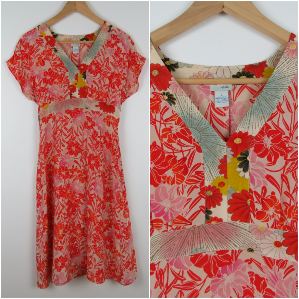 Anthropologie Coral Pink Floral V-Neck Dress